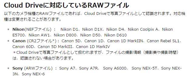 Amazon cloud driveで対応しているRAWファイル(2016/02/19時点)